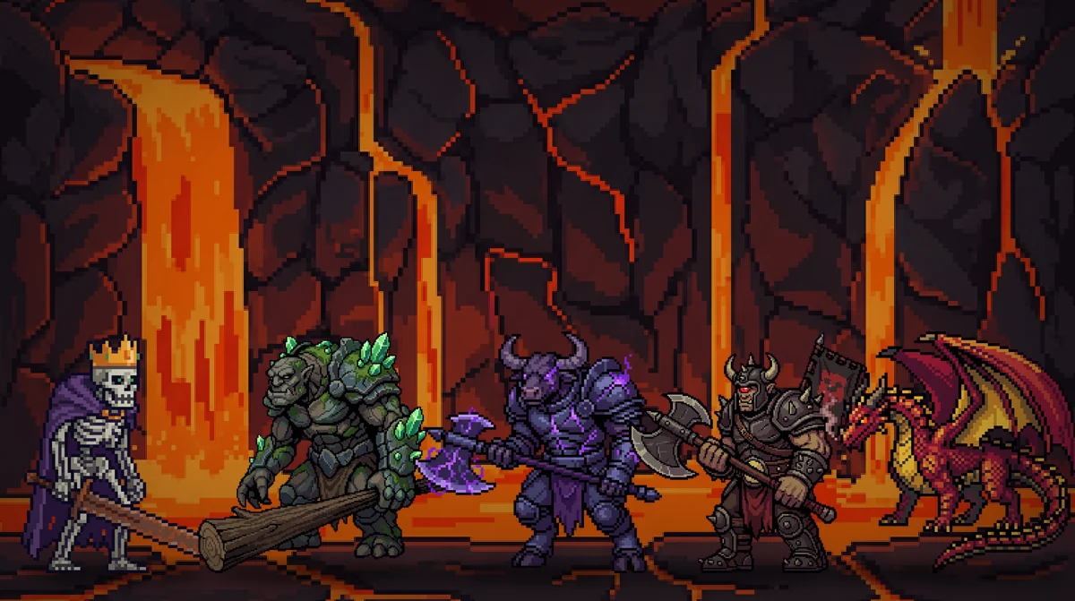 Die fünf Bosse der Gebiete: Skelettkönig, Troll, Minotaurus, Zyklop und Drache in einer Lavahöhle.