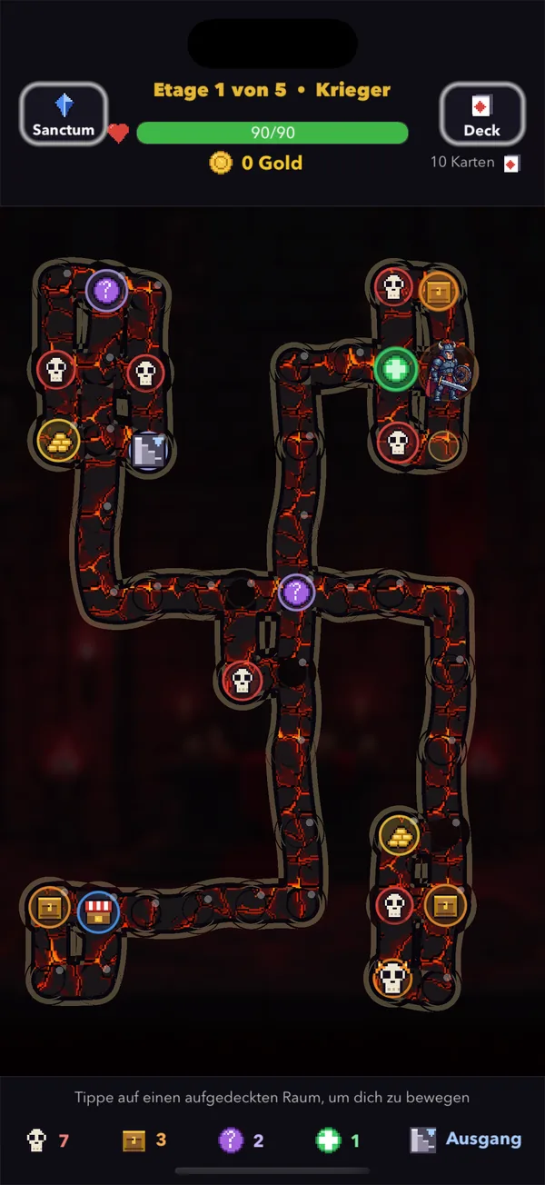 Dungeon-Etage mit aufgedeckten Gängen, Monstern, Truhen und Ereignissen.