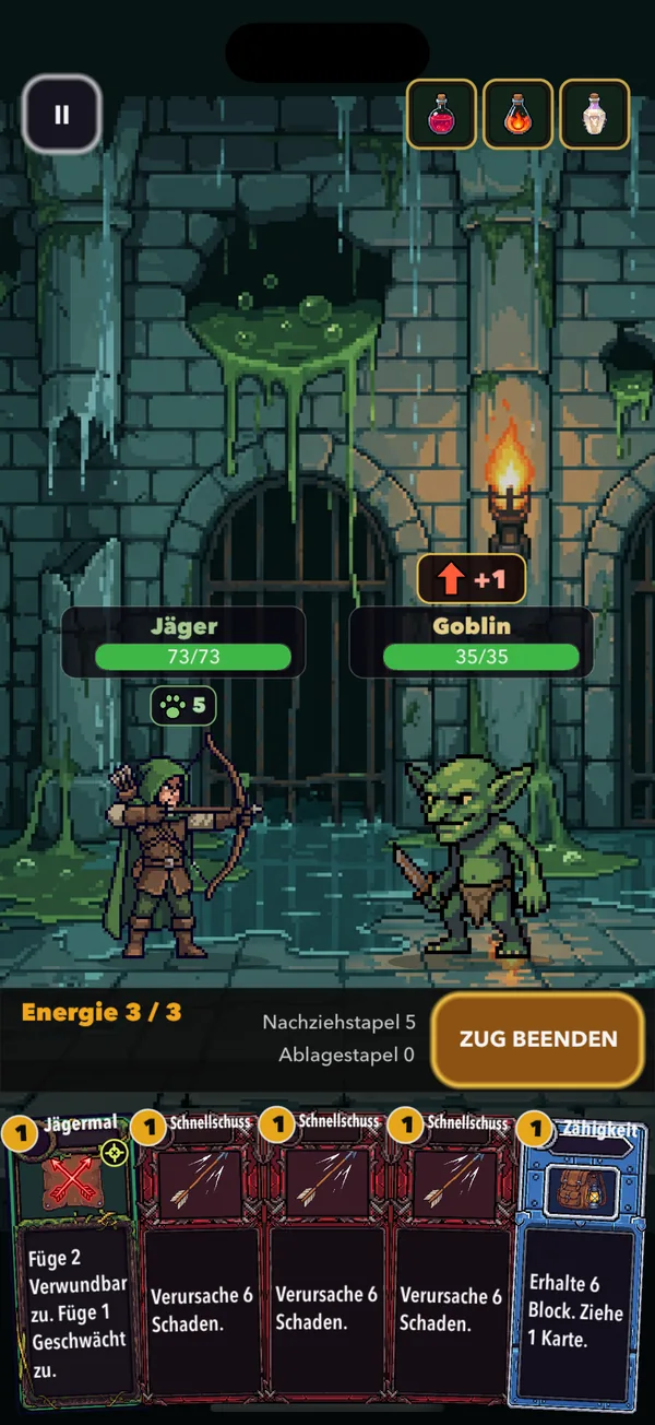Der Jäger mit Pfeil und Bogen im Kampf gegen einen Goblin in einem feuchten Gewölbe.