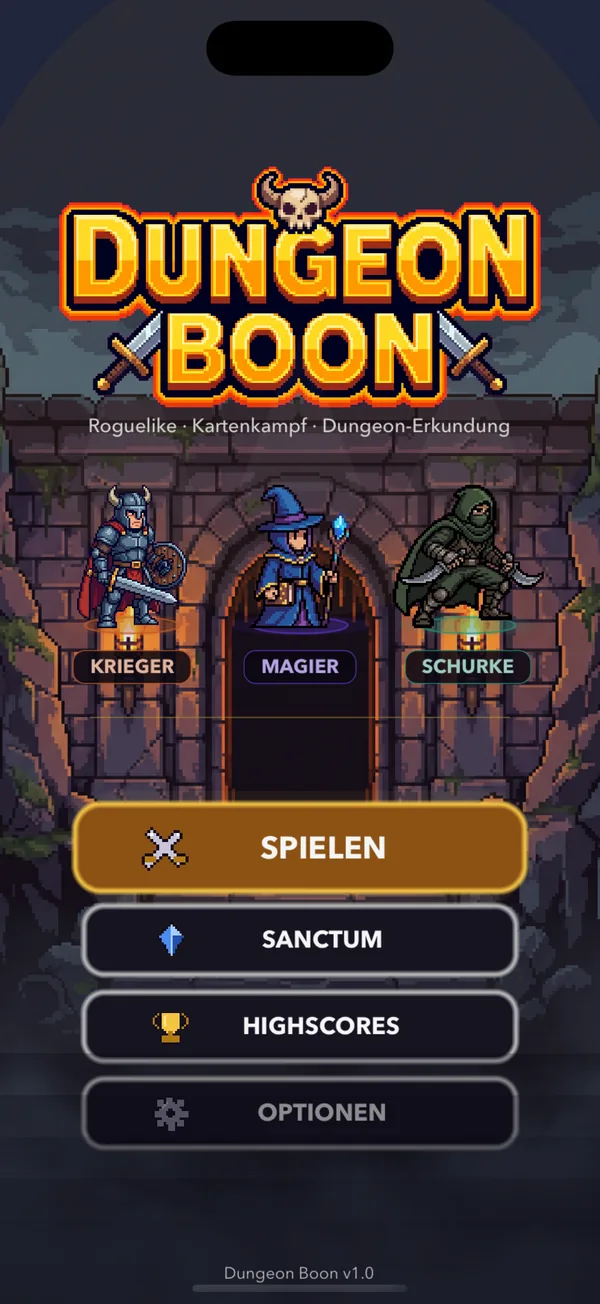 Hauptmenü mit Logo, Krieger, Magier und Schurke vor dem Dungeon-Tor.