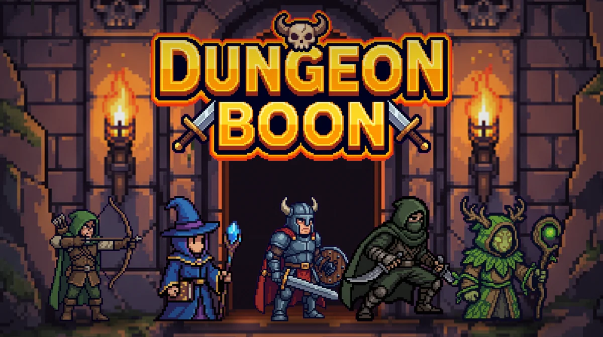 Jäger, Magier, Krieger, Schurke und Druide stehen unter dem Dungeon-Boon-Logo vor dem Tor zum Dungeon.