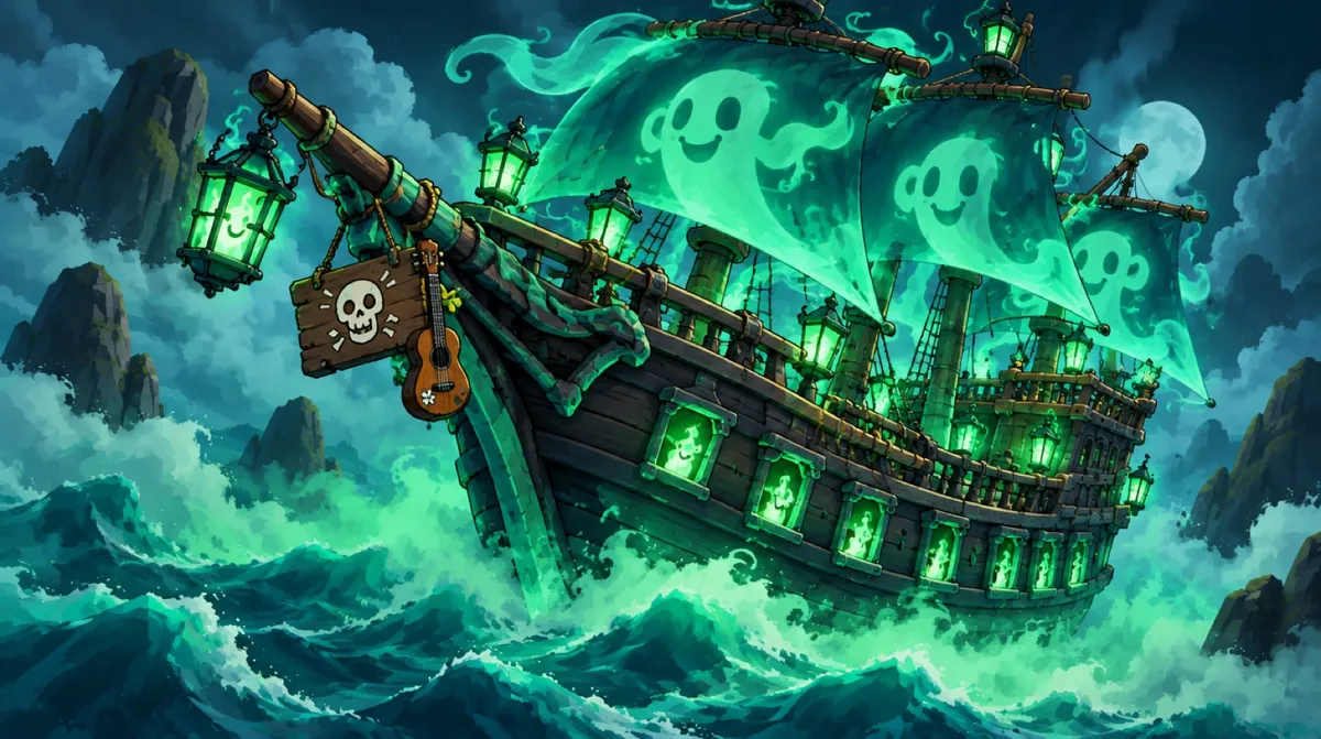 Ein grün leuchtendes Geisterschiff mit freundlichen Gespenstern in den Segeln.